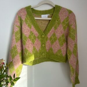 Green and Pink Argyle Women's Sweater